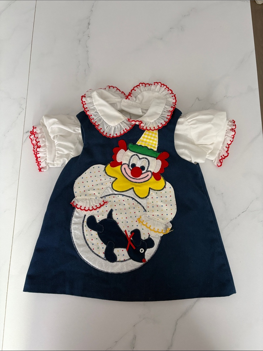 Vintage Chocolate Soup Navy Clown Appliqué Dress with White Ruffled Collar